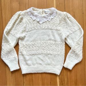 Vintage 80s cream knit sweater lace collar S
